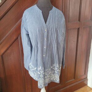 Roamans Womens Size 18 Blue Button-Front Blouse  White Embroidery NWT